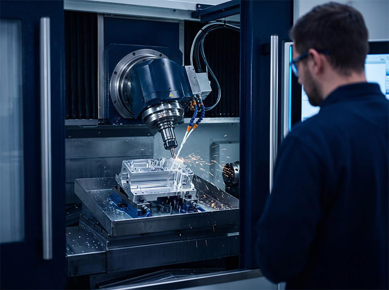 Fertiges Stanzwerkzeug Eine Person bedient eine CNC-Maschine, die ein Metallteil zuschneidet, wobei helle Funken sprühen, während die Maschine das Material in einer Industriehalle bearbeitet.