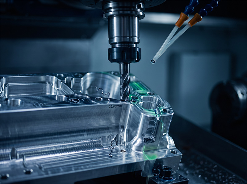 Fertiges Stanzwerkzeug Eine Nahaufnahme einer CNC-Fräsmaschine, die ein glänzendes Metallteil bearbeitet, wobei Metallspäne und Kühlflüssigkeit zu sehen sind. Die Szene ist gut ausgeleuchtet, wodurch der präzise Fertigungsprozess besonders gut zur Geltung kommt.