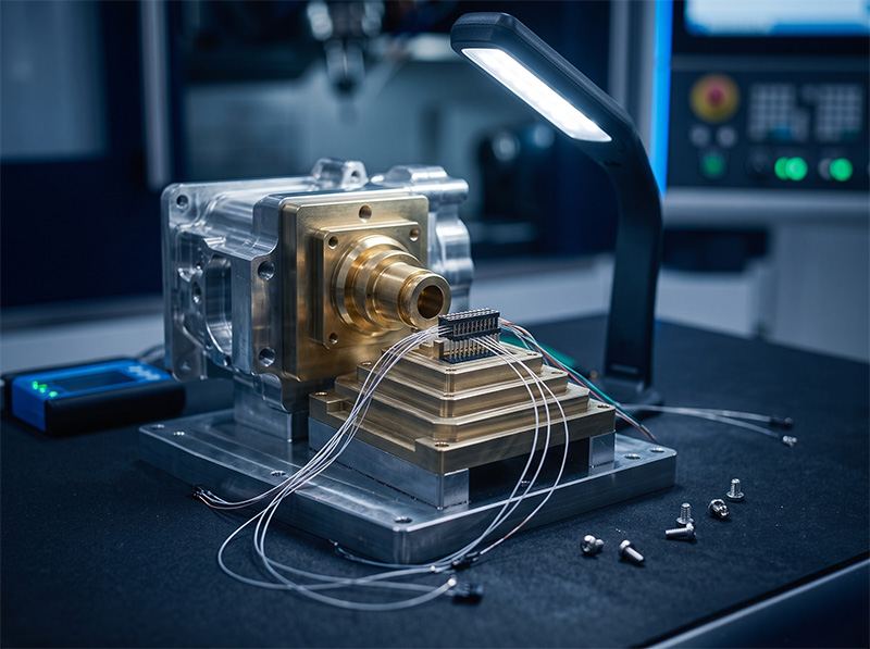 EMG_Fertige Baugruppe Ein hochpräzises wissenschaftliches Instrument mit Kabeln, die an eine zentrale Komponente angeschlossen sind, steht auf einem Labortisch unter einer LED-Lampe, umgeben von Schrauben und elektronischen Geräten in einer Hightech-Laborumgebung.