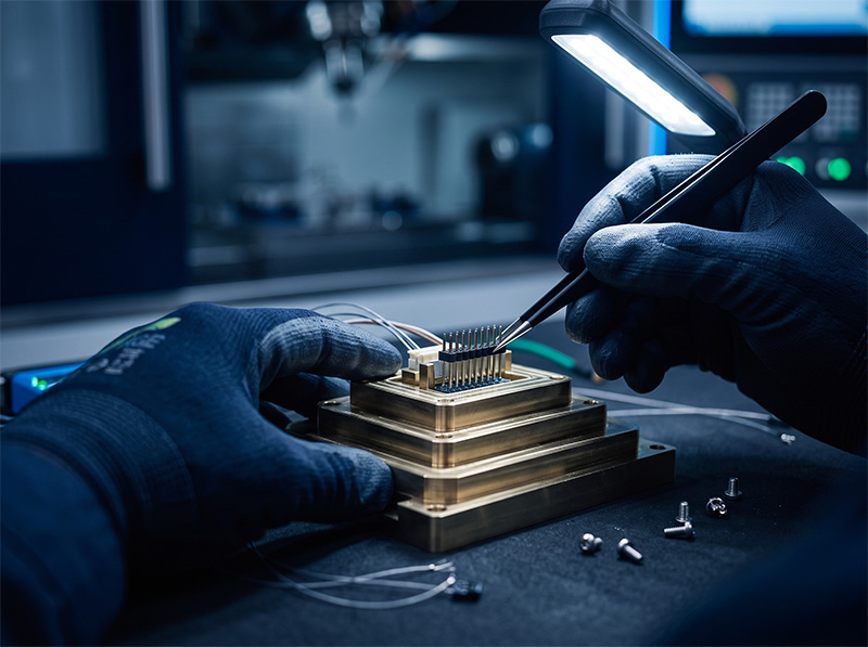 EMG_Monteurhände bei der Bestückung einer elektromechanischen Baugrupp Eine Person mit blauen Handschuhen arbeitet mit einer Pinzette an einem kleinen elektronischen Bauteil, das auf einer goldfarbenen Plattform befestigt ist; daneben liegen Drähte und Schrauben, während eine helle Schreibtischlampe den Arbeitsbereich im Labor beleuchtet.