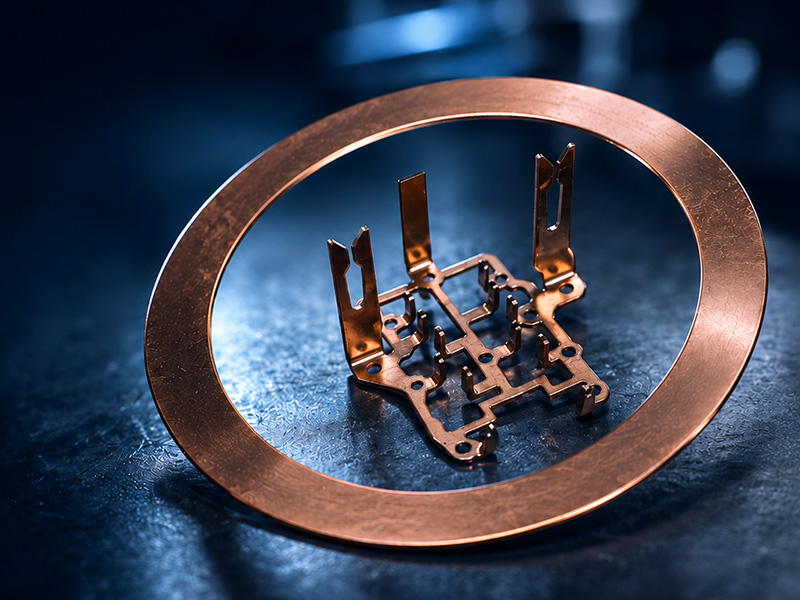 EMG_Stanzteile Eine Nahaufnahme eines metallischen Elektronikbauteils, möglicherweise einer Schaltung oder eines Steckverbinders, das in einem kreisförmigen Kupferring auf einer dunklen, reflektierenden Oberfläche vor einem bläulichen Hintergrund platziert ist.