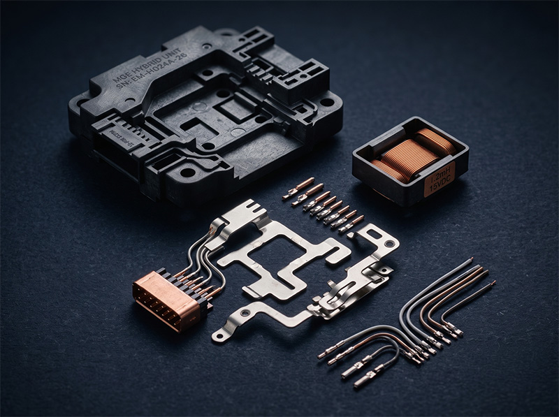 EMG_fertige_Baugruppe Mehrere elektronische Bauteile, darunter ein schwarzes Kunststoffgehäuse, Kupferanschlüsse, eine Spule und Metallstifte, sind ordentlich auf einer dunklen Oberfläche angeordnet und zeugen von filigranen Details und präziser Technik.