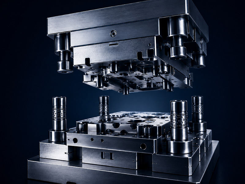 Fertiges Stanzwerkzeug Nahaufnahme einer Präzisions-Metall-Spritzgussform mit mehreren Bauteilen und Zylindern vor dunkelblauem Hintergrund, die die detaillierte technische und fertigungstechnische Konstruktion verdeutlicht.