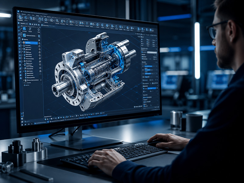 Fertiges Stanzwerkzeug Eine Person arbeitet an einem Computer, auf dessen Bildschirm ein detailliertes 3D-Konstruktionsmodell eines mechanischen Bauteils – möglicherweise eines Motors oder Getriebes – zu sehen ist, und zwar in einer modernen Hightech-Büroumgebung.