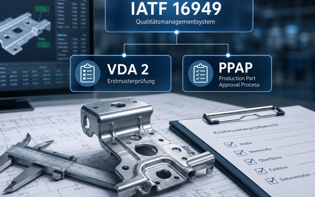 Ein Metallbauteil für die Automobilindustrie auf technischen Zeichnungen, daneben ein Messschieber, ein Klemmbrett und ein Computer, auf dem eine CAD-Software zu sehen ist. In Einblendungen werden die Qualitätsmanagementsysteme IATF 16949, VDA 2 und PPAP auf Deutsch und Englisch hervorgehoben.