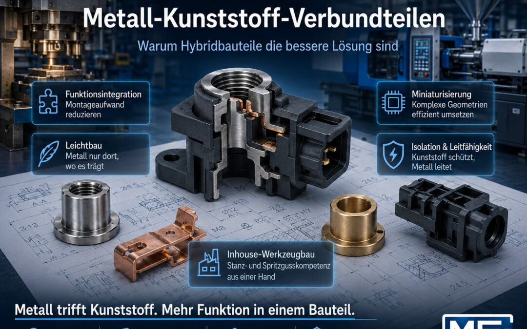 Auf einem Tisch in einer Fabrikumgebung sind mehrere Hybridkomponenten aus Metall und Kunststoff ausgestellt. Symbole heben Vorteile wie geringes Gewicht, Integration, Miniaturisierung, Isolierung und optimierte Fertigung hervor.